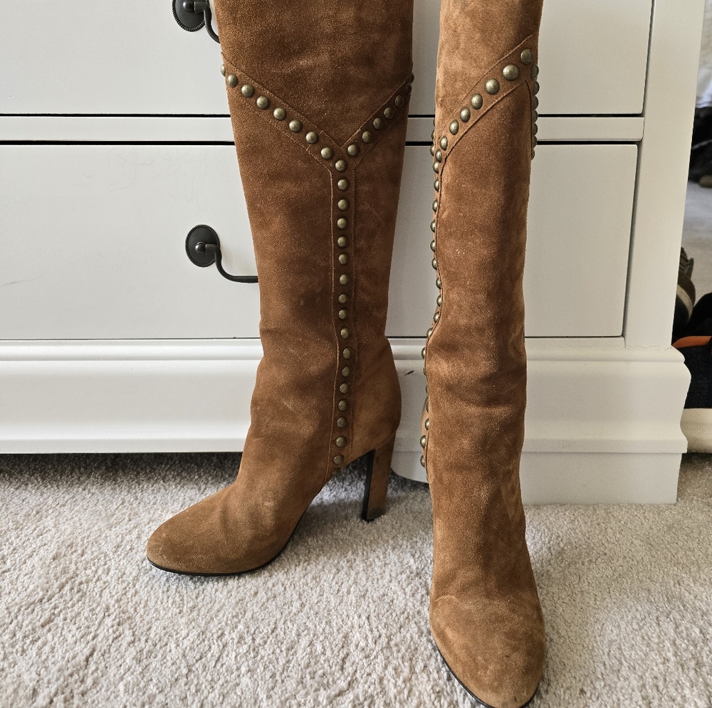 Saint Laurent Western Brown Suede Grommet Knee High Boots 5.5, 35.5
